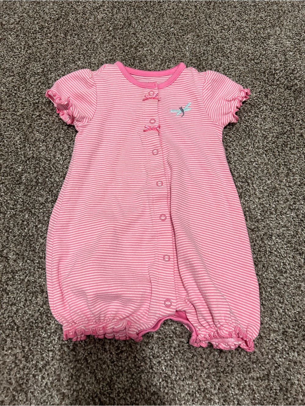 Pink Striped Baby Romper with dragonfly Embroidery